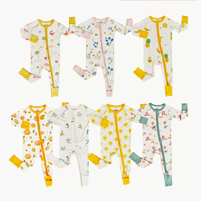 【现货】外贸婴儿竹纤维连体哈衣宝宝满印花长袖爬服连体衣