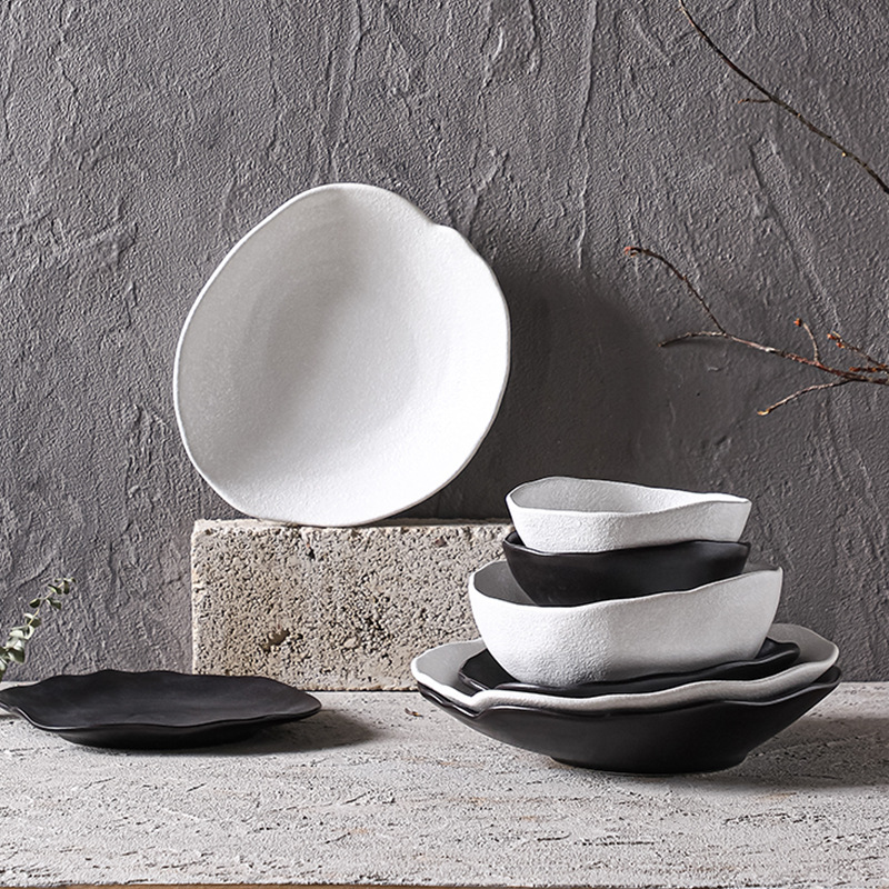 日式石纹餐具复古盘子酒店餐厅餐盘意面盘沙拉碗盘老式粗陶碗碟