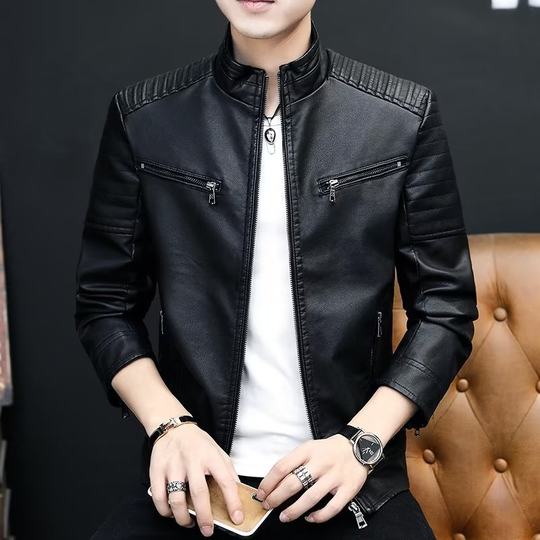 Leather Jacket Slim-fit Thickened Handsome Jacket Men's Casual Jacket Motorcycle Winter PU Trendy Spring and Autumn Leather Jacket