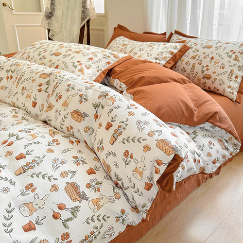 ins Feng washed cotton four-piece set summer double-layer yarn four-piece set non-cotton pure cotton bed sheet quilt cover bed sheet wholesale