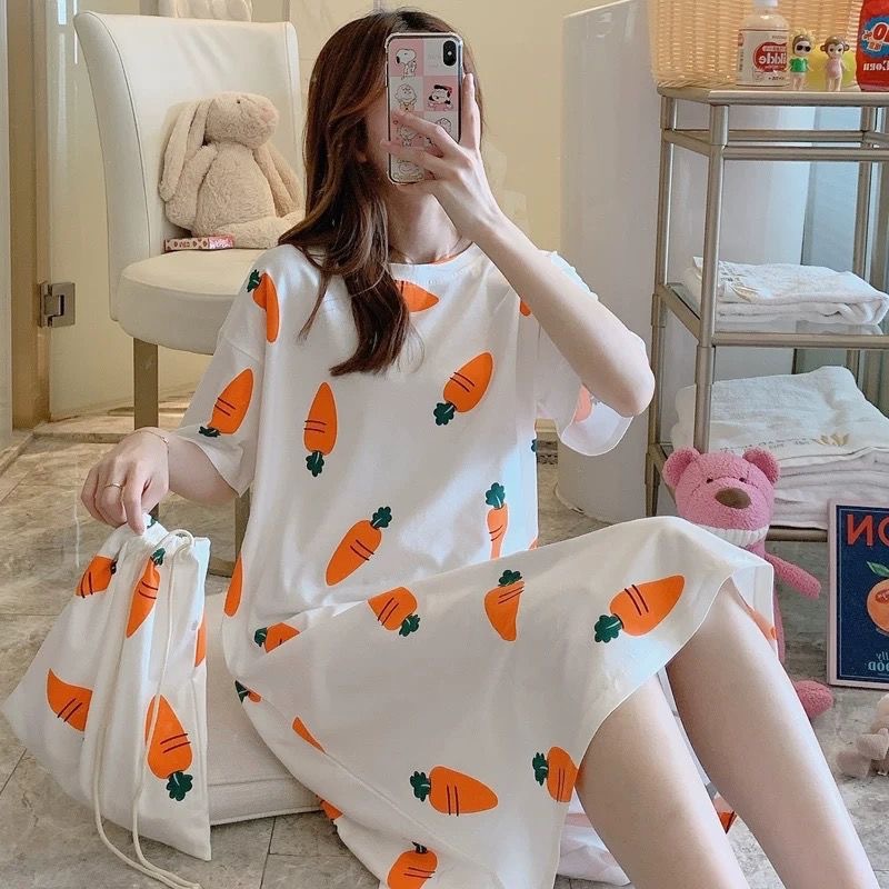 Camisón de las mujeres pijamas de verano Mediados de falda estilo princesa coreana fresca dulce suelta manga corta más tamaño vestido de una pieza con bolsa de tela