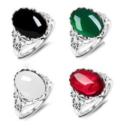 s925鍍銀仿綠玉髓寶石戒指女紅瑪瑙大氣時尚開口戒子生日禮物女