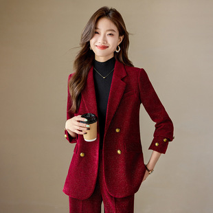 wine red Suit suit Women's Spring and Autumn Golden Velvet New Elegant Loose Shopping White Collar Casual Suit Pants