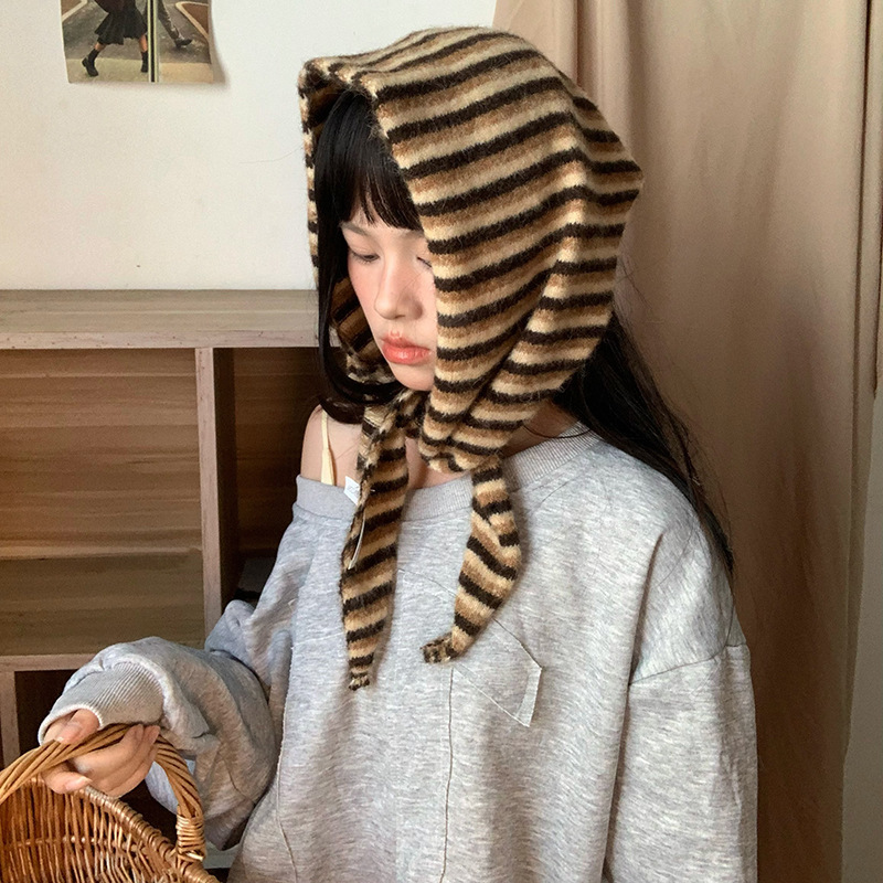 秋季好搭单品 羊毛混纺条纹三角巾 多用头巾小披肩围脖 时髦潮女|undefined