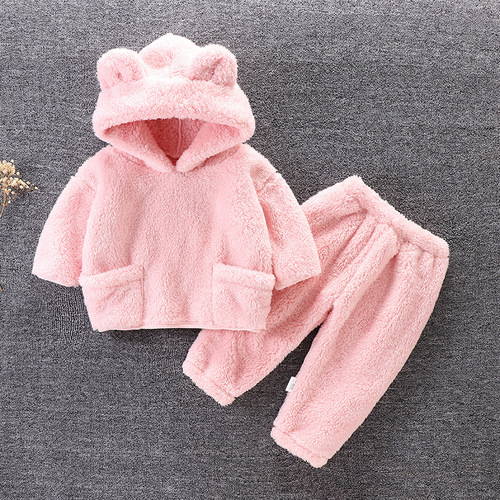 Children's autumn and winter flannel suit baby pajamas home clothes warm hooded outer wear two-piece set 2024 new style