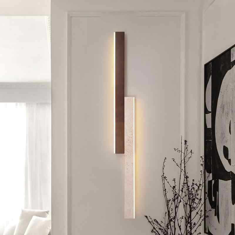Artistic Long Strip Wall Lamp for Bedroom, Yellow Travertine, Simple Modern Walnut Wood, Wabi-Sabi Style, Living Room Background Wall, Staircase Lighting