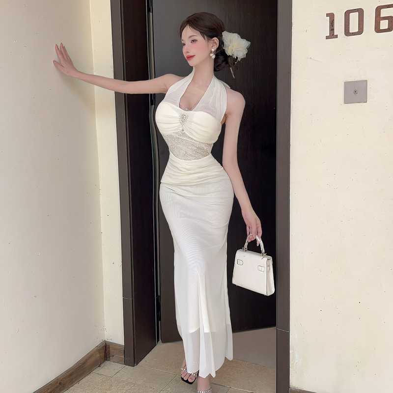 Dropshipping Summer New Style Pure Lust Sexy Long Mesh Halterneck Backless Suspender Dress