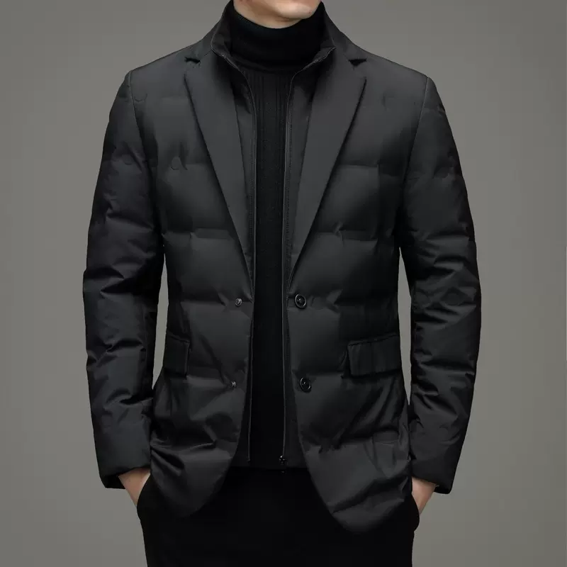 秋冬季西服款保暖休闲时尚羽绒服男可脱卸立领 假两件