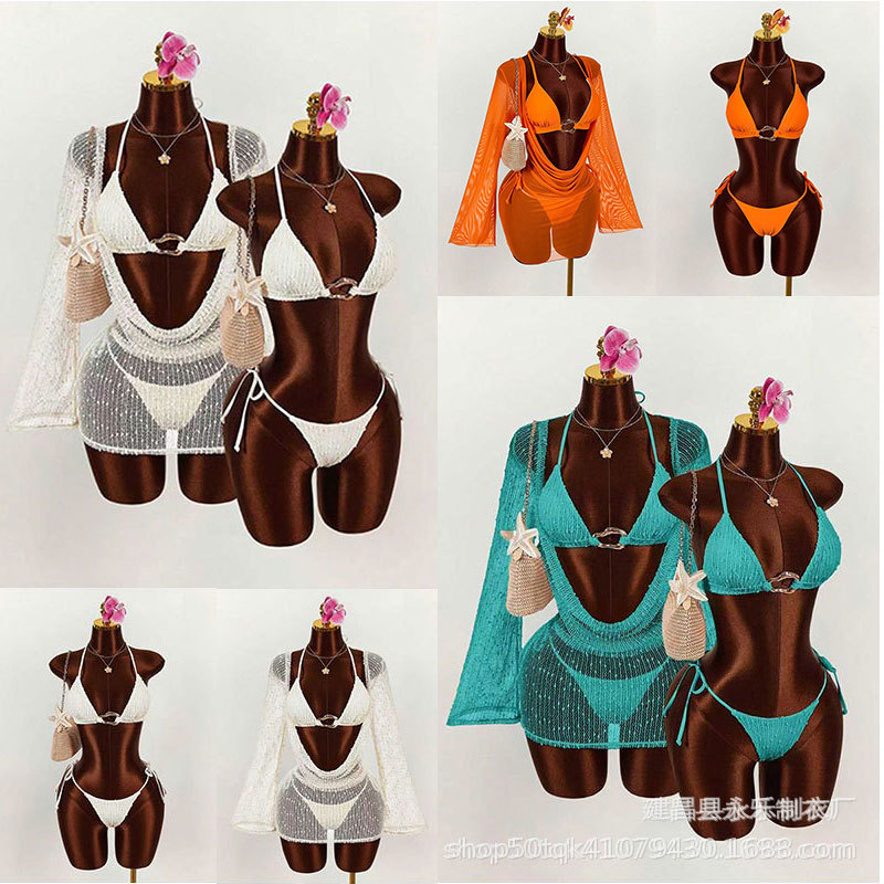 Swimsuit for Women, Sexy Three-Piece Set, European and American Style Cover-Up, Tie-Up, Heart-Shaped Cutout Bikini, Cross-Border Best-Selling Swimwear