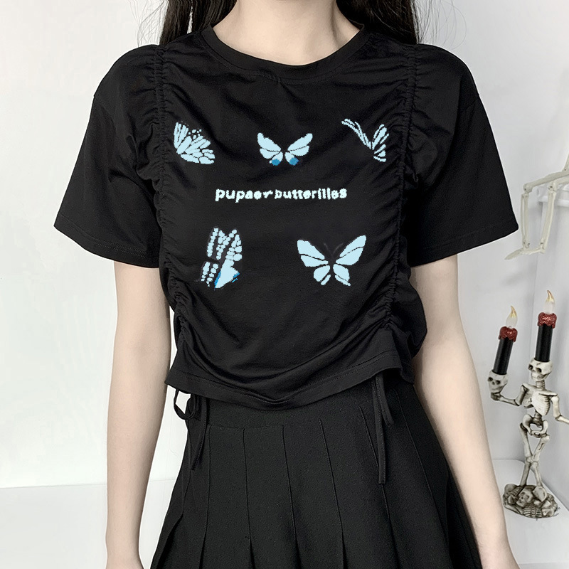 Butterfly Print Double Straps Round Neck Short Sleeve Cropped T-Shirt NSGYB111778