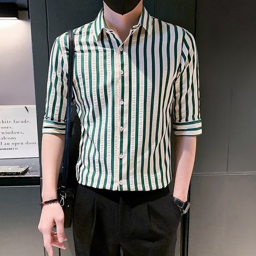 2024 Summer New Ice Striped Short-Sleeve Top Loose High-End Shirt Men's Trendy Bad Boy Stylish Versatile Collared Shirt