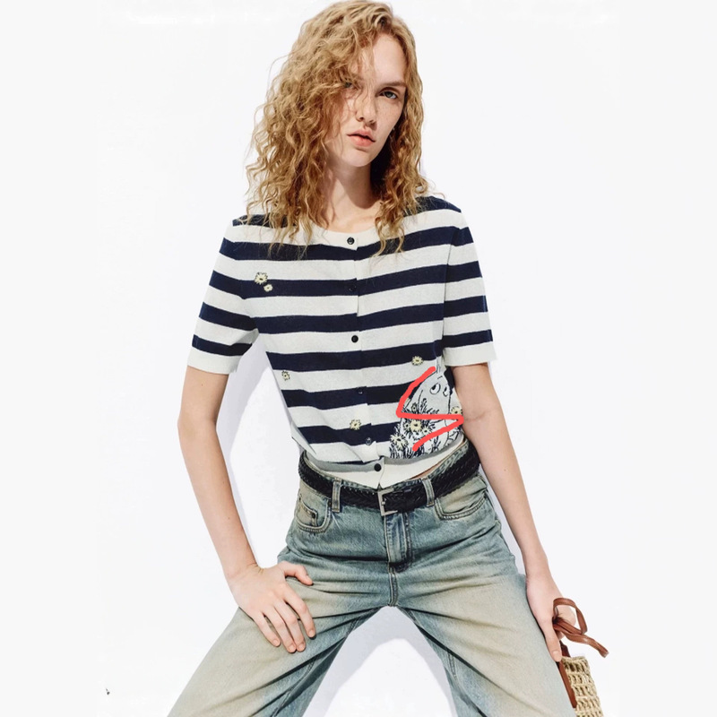 [Same Style as in the Mall] Knitted Cardigan 2026 Summer New Style Mulberry Silk Cotton Linen Blue and White Striped 2021