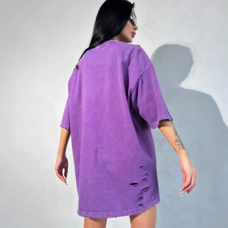 Amazon ins lavado retro agujero marca de moda algodón de manga corta blusa suelta camiseta 2024 casual versátil