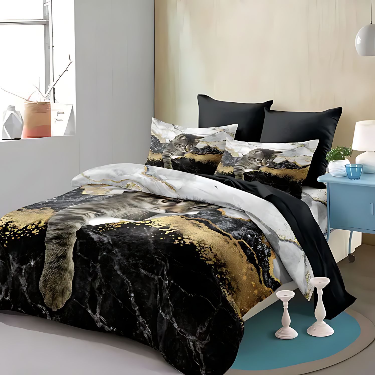 TEMU / JIT transfronterizo gato negro animal impresión digital 3D suave colcha de cama set fuente fabricante