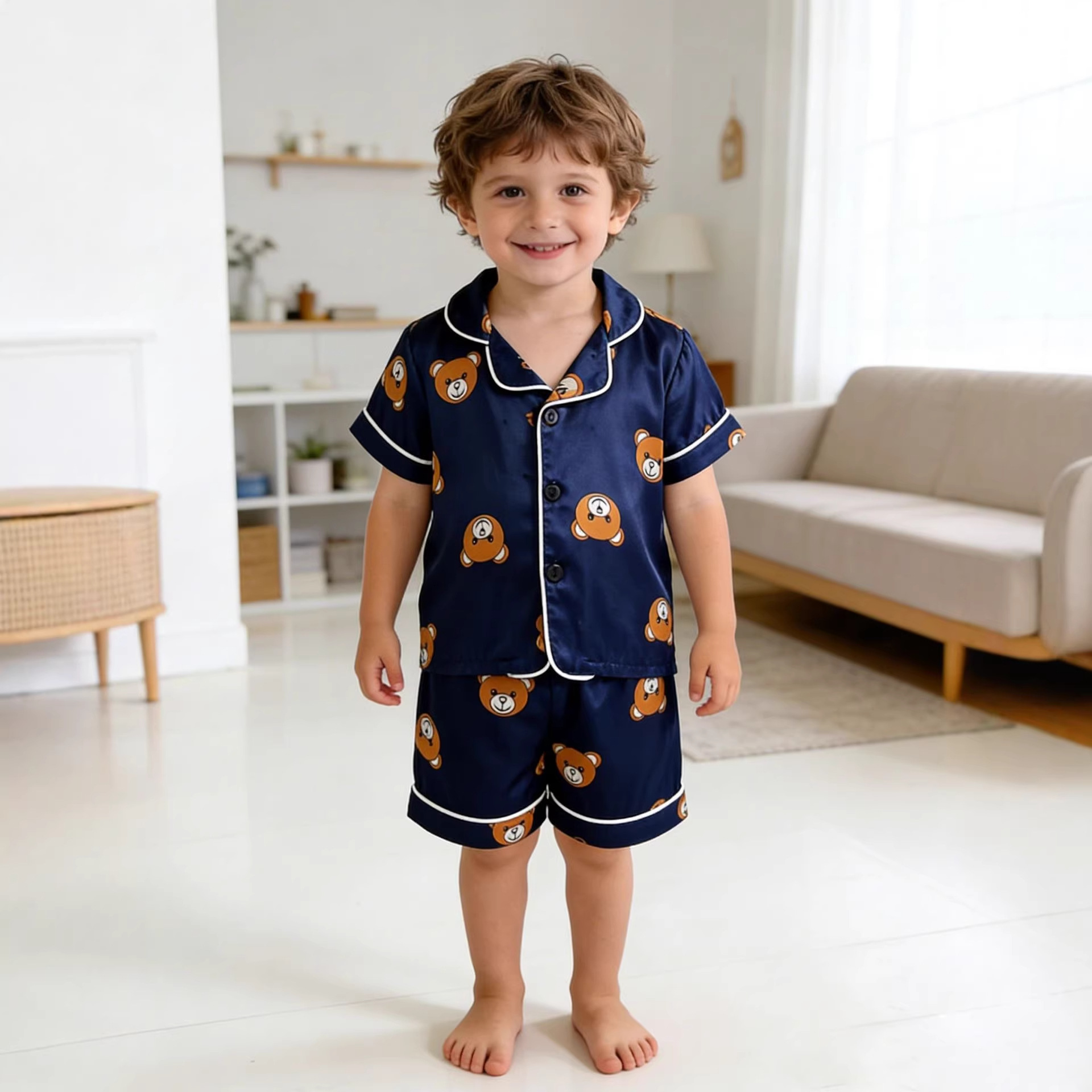 Amazon Children's Pajamas, Simulated Silk Boys' Short-Sleeved Two-Piece Set, Thin Air-Conditioned Home Clothes Set, Children's Clothes