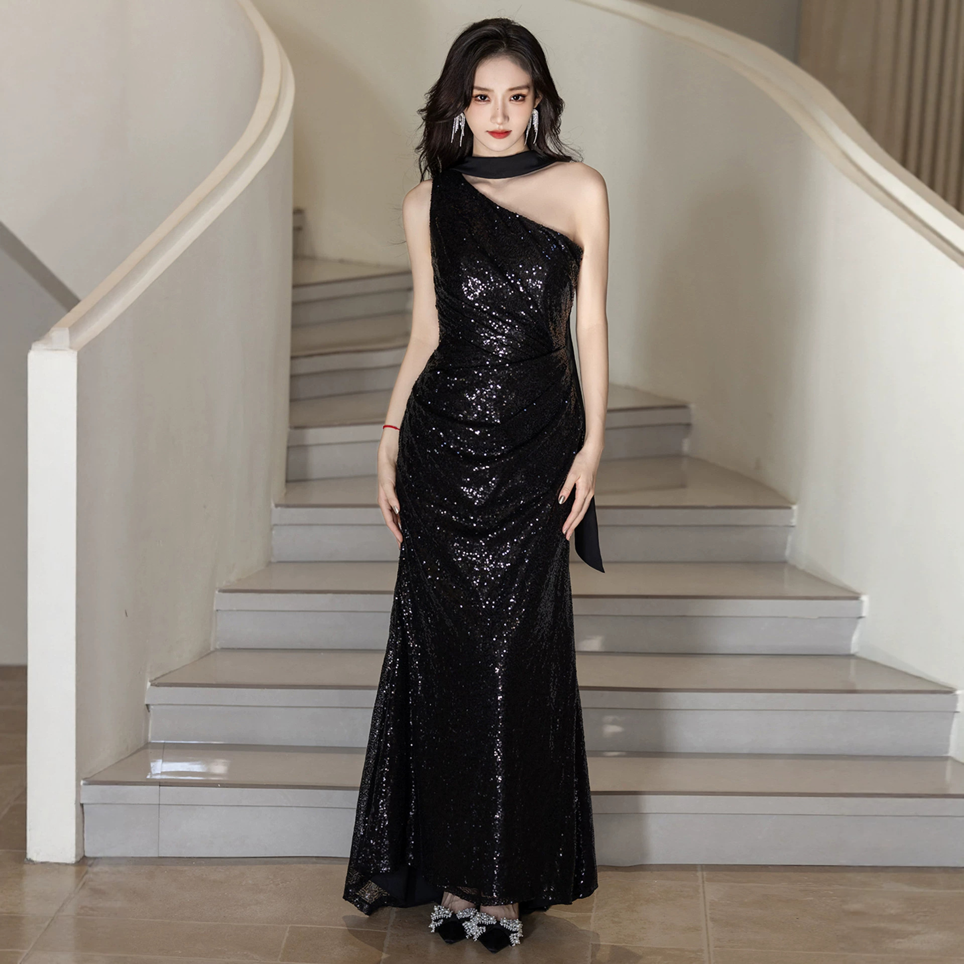 Women's Elegant Black Sequined Mermaid Evening Gown Understated Luxury Niche Style For Hostesses Coming Of Age Ceremony New_ecoleips.com