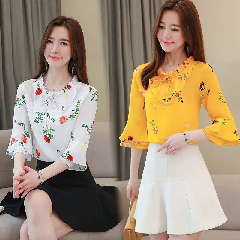 2024夏季新款中袖衬衣女大码气质小碎花洋气雪纺衫小衫衬衫女上衣