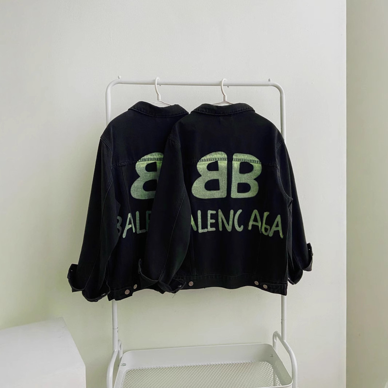2025 New Paris B Family Double B Graffiti Luminous Reflective Retro Washed Denim Jacket for Men and Women