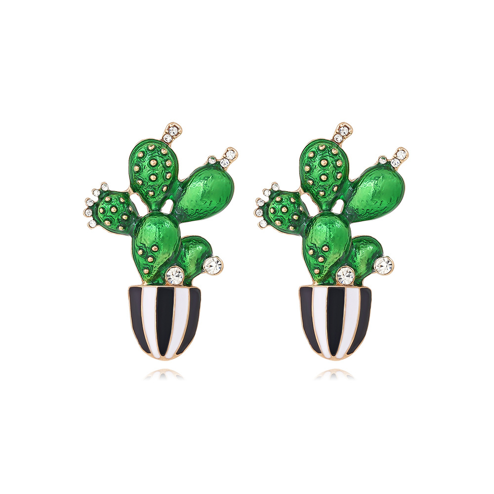 Rhinestones Inlay Material Ear Studs Classification 1 Pair Novelty Cactus Enamel Alloy Rhinestones Ear Studs