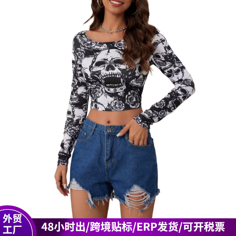 Amazon Motorcycle Style Long-Sleeve Printed Round-Neck Ultra-Short T-Shirt for Women, Sexy Skull Design, Slim-Fit Crop Top