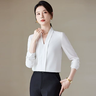 职业衬衫女长袖气质白衬衣春秋酒店前台服务员女黄金珠宝店工作服