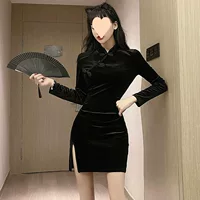 Золотое бархатное платье Cheongsam с разрезом для женщин, новое облегающее платье в китайском стиле с пряжкой в виде диска в стиле ретро, легкое зрелое улучшенное платье