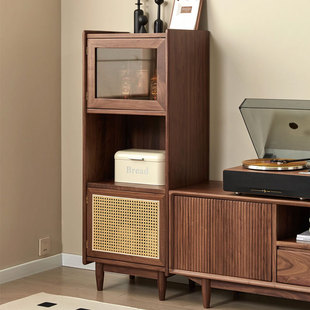 Nordic Black Walnut Solid Wood Tv Cabinet Side Cabinet Rattan Wine Cabinet Integrated Living Room Storage Cabinet Sideboard Tea Cabinet
