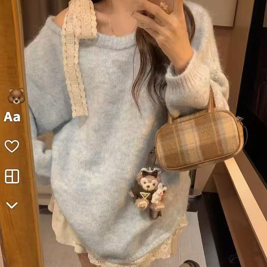 春秋慵懒风宽松显瘦针织上衣温柔淑女风蕾丝蝴蝶结系带长袖毛衣女