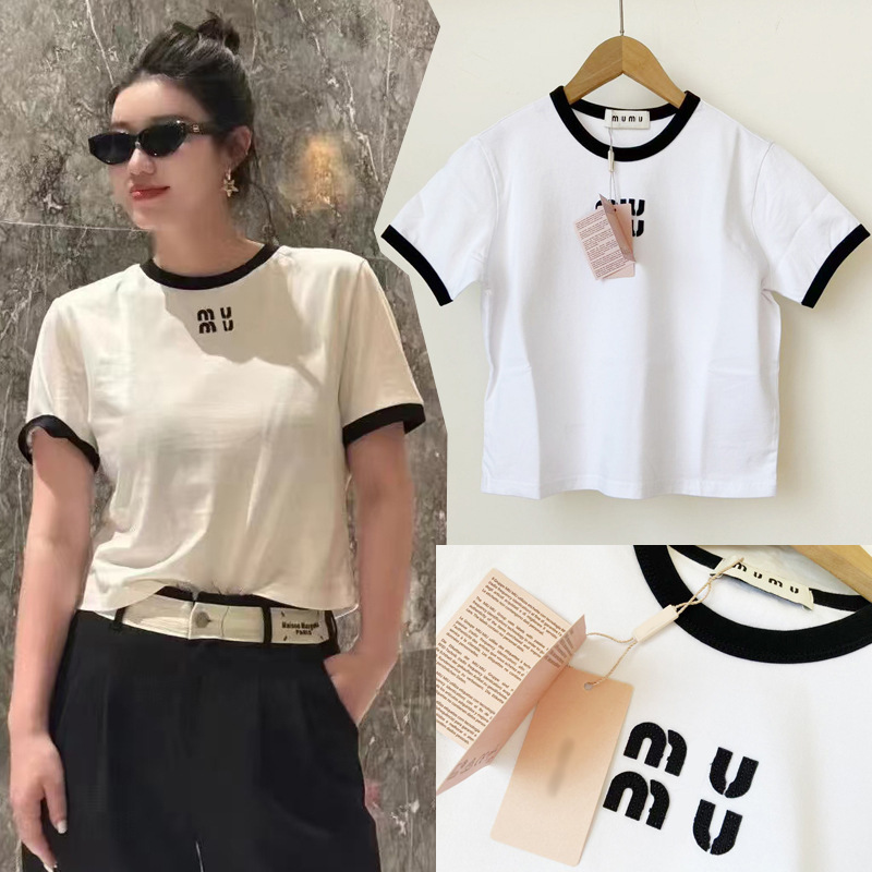 Summer New Style M*M Style Embroidered Letter Logo Sweet and Spicy Design Versatile Short-Sleeved Top White Short T-Shirt for Women