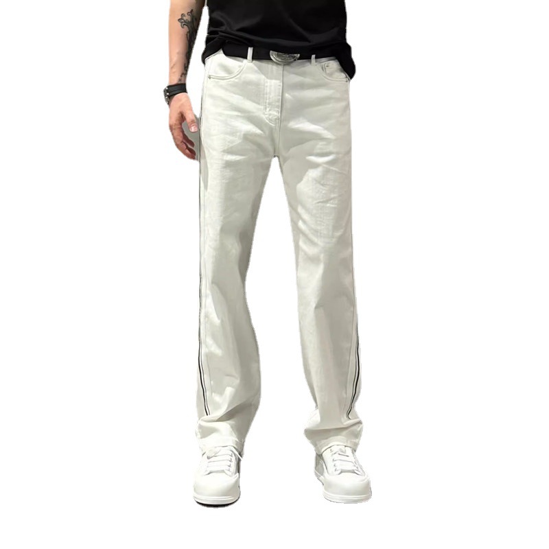 Pantaloni estivi sottili a gamba larga da uomo, pantaloni casual dritti con cuciture a righe, alla moda, jeans bianchi larghi da uomo, tendenza_voghion.com