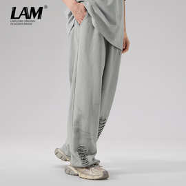 lamlicka美式破洞松紧灰色卫裤男春季休闲街头潮牌长裤直筒裤宽松