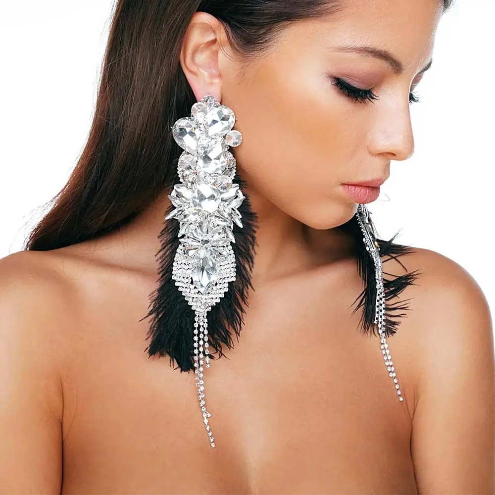 速賣通熱銷羽毛耳環高級感鑲鑽流蘇耳墜宴會配飾女earrings