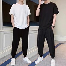 文艺圆领宽松型时尚潮牌青春流行五分袖潮T恤慵懒潮流纯色上衣男