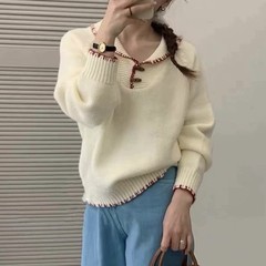 时尚学院风套头毛衣女装气质减龄短款牛角扣设计感撞色针织衫上衣