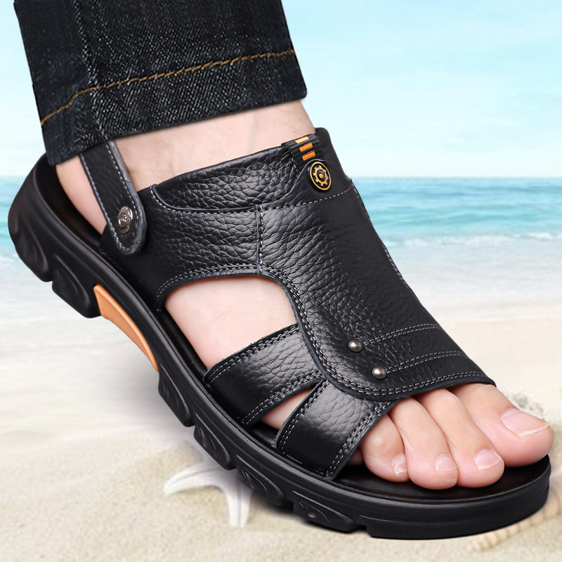 Dép sandal nam da thật hở ngón, quai ngang co giãn, chống trượt thoáng khí, kiểu lê đa năng — Vàng nâu, màu đen