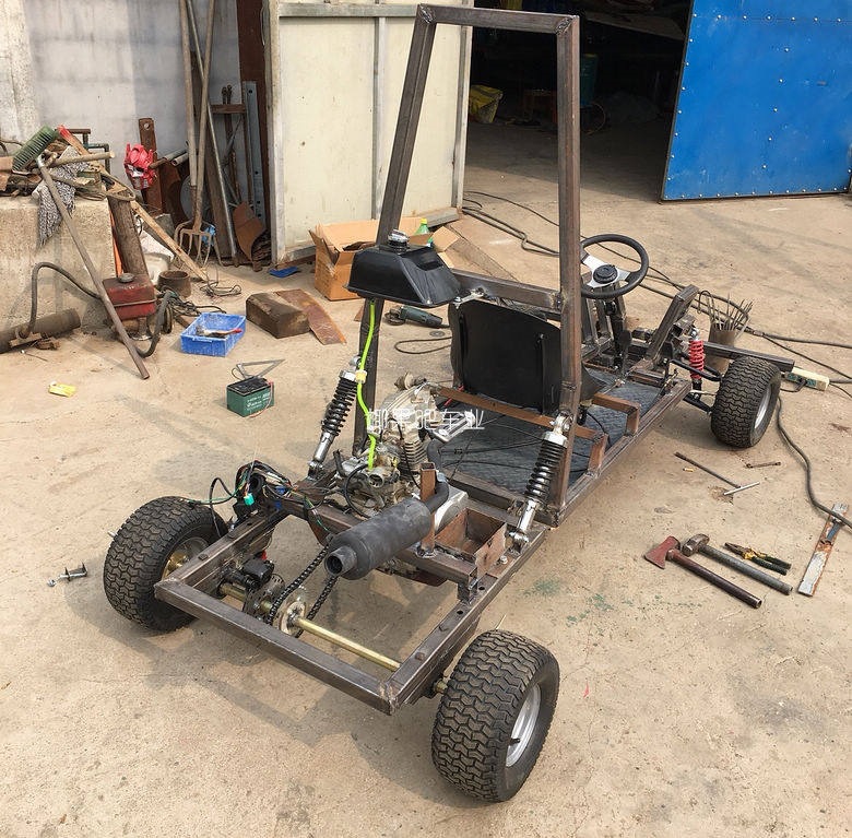 Modified Go-Kart Parts, Homemade Four-Wheel Vehicle with Front and Rear Suspension, Steering Wheel, 1m Rear Axle, 6/7/ 8inch Tires