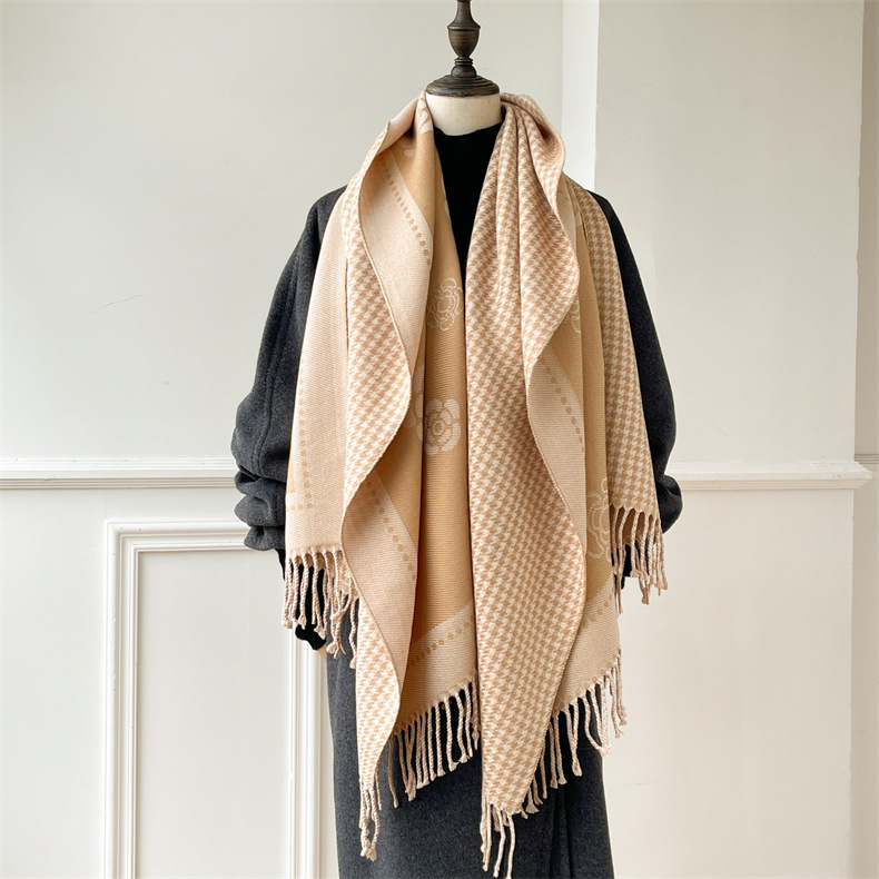 Herbst und Winter neue Tasche Damen Kerngarn Kamelie Tausend Vogelgitter doppelseitig warm Schal vielseitig dekorative Kaschmirschal_voghion.com