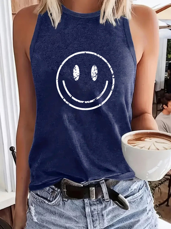 Ac Amazon Round Neck Export Spring and Summer F Casual Printed Vest Smile Hot Sale E Sleeveless Top T-Shirt Europe and the United States