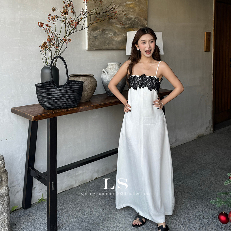 [Ls New Brand] Black Label Minimalist Big Brand Early Spring New Fashion Lace Patchwork Strap Dress 30395