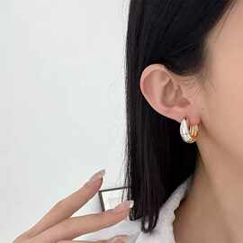欧美光面金银撞色耳环耳扣新款简约复古时尚百搭轻奢高级感耳饰女