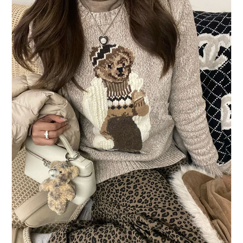 Rh Lauren classic loose Polo bear sweater women's sweater top floral yarn elegant all-match Chanel style