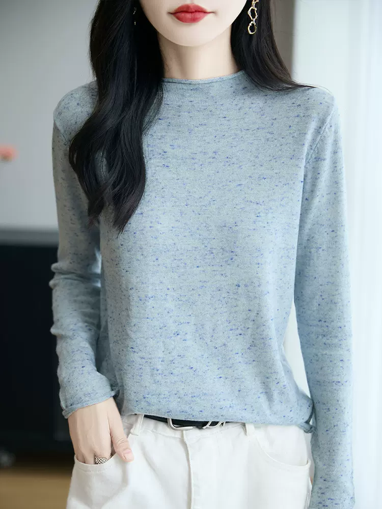 2025年早秋新款精纺羊毛半高领卷边针织衫长袖女彩砂宽松打底衫