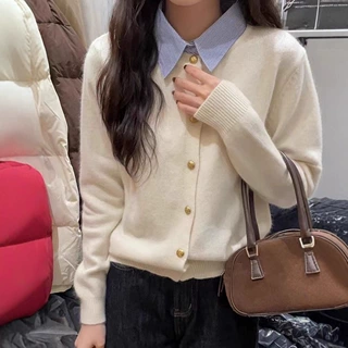 欧货气质百搭polo领新款长袖开衫别致小众假两件拼接设计感针织衫