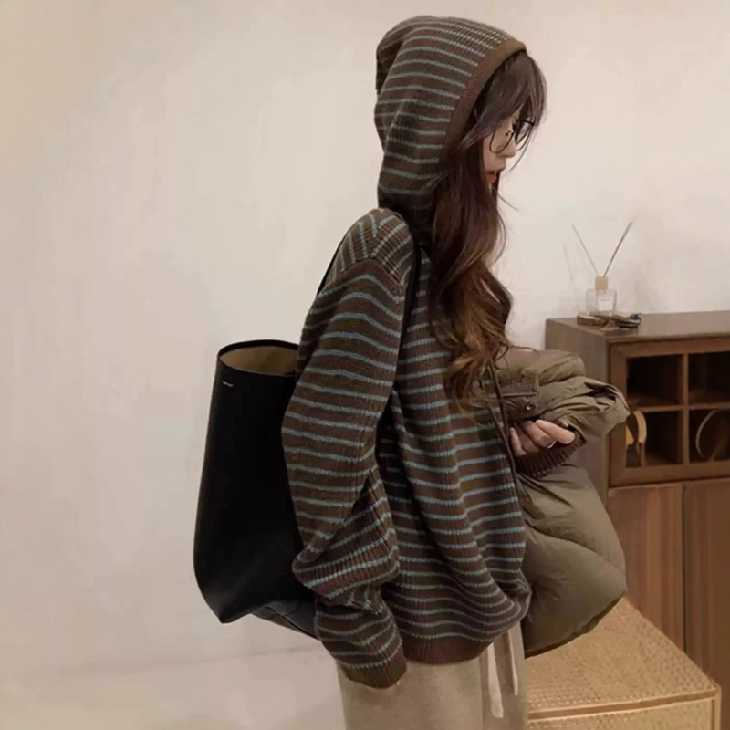 Casual Loose Soft Striped Hooded Knit Sweater for Women, Autumn and Winter Relaxed Style Outfit, Sweater Coat Top Casual Loose Soft Striped Hooded Knit Sweater for Women, Autumn and Winter Relaxed Style Outfit, Sweater Coat Top