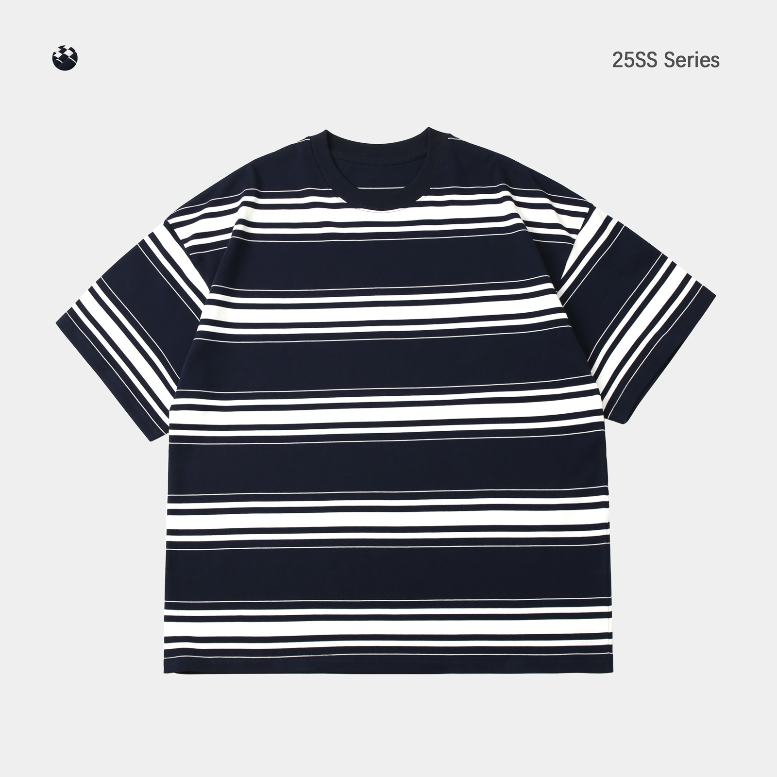 Trs Japanese Trend Series | 26Ss Custom-Woven 310g Double Yarn Round Neck Striped Short-Sleeve Loose Fit Drop Shoulder Five-Quarter Sleeve T-Shirt for Men.