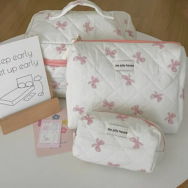 Blue Powder Satin Bow Makeup Bag Wash Bag Student Pink Sweet Portable Large Capacity Quilted Storage Bag
