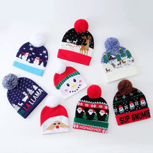 跨境亲子款圣诞提花针织帽子男女儿童毛球保暖毛线套头帽护耳冷帽