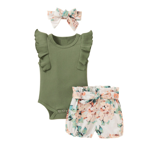 Amazon New Summer Infant and Toddler Clothing Lace Sleeveless Bib Waistband Shorts Headband Children's Clothing Set