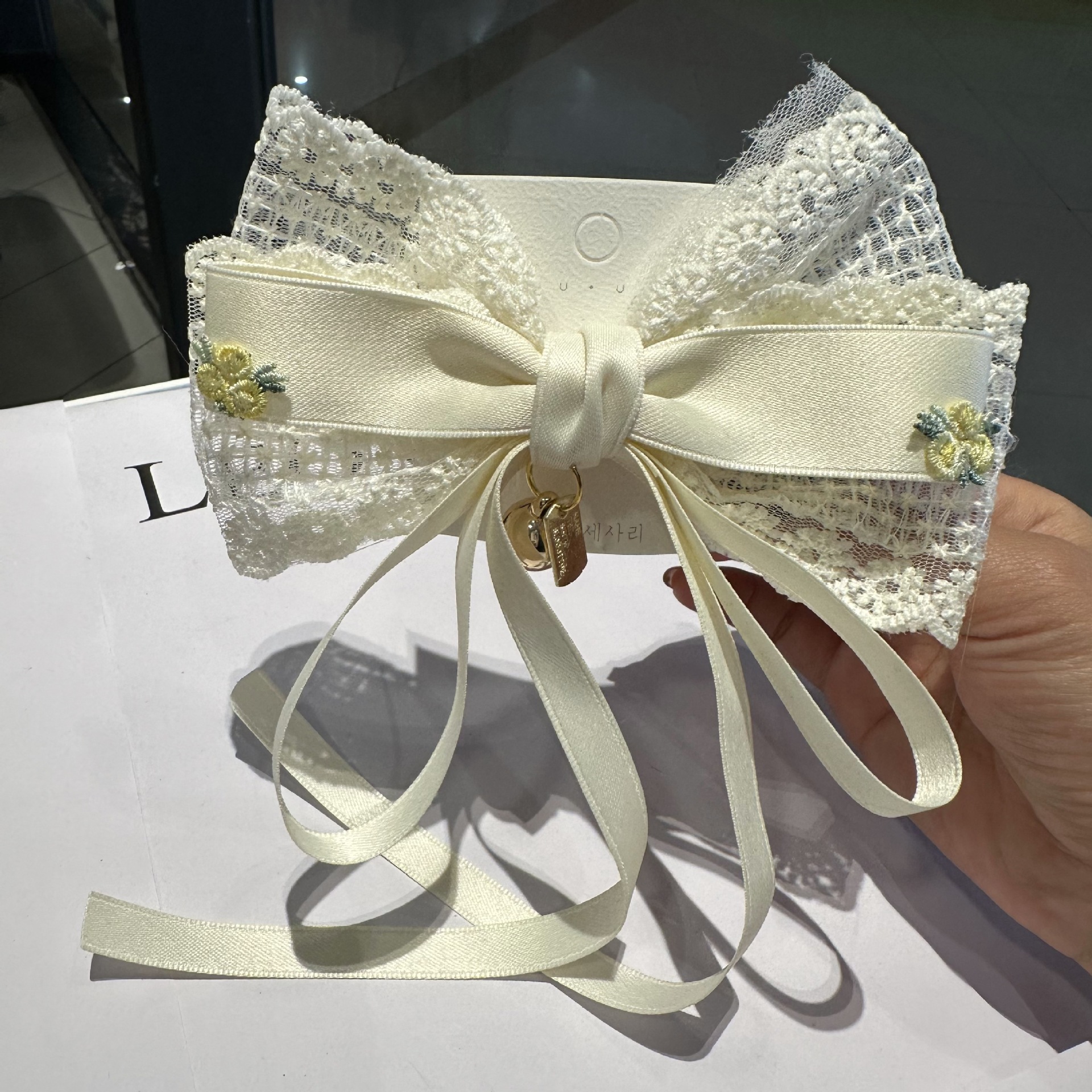 法式溫柔蕾絲大蝴蝶結髮夾長絲帶掛墜花朵刺繡甜美彈簧夾後腦勺夾