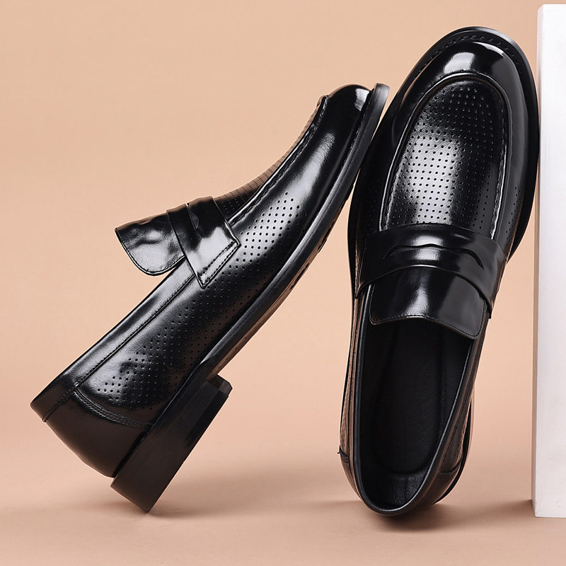 Sandal nam da bò lớp đầu khoét lỗ thoáng khí, đế bằng gỗ tự nhiên, kiểu lười — Sandal màu nâu, Sandal đen